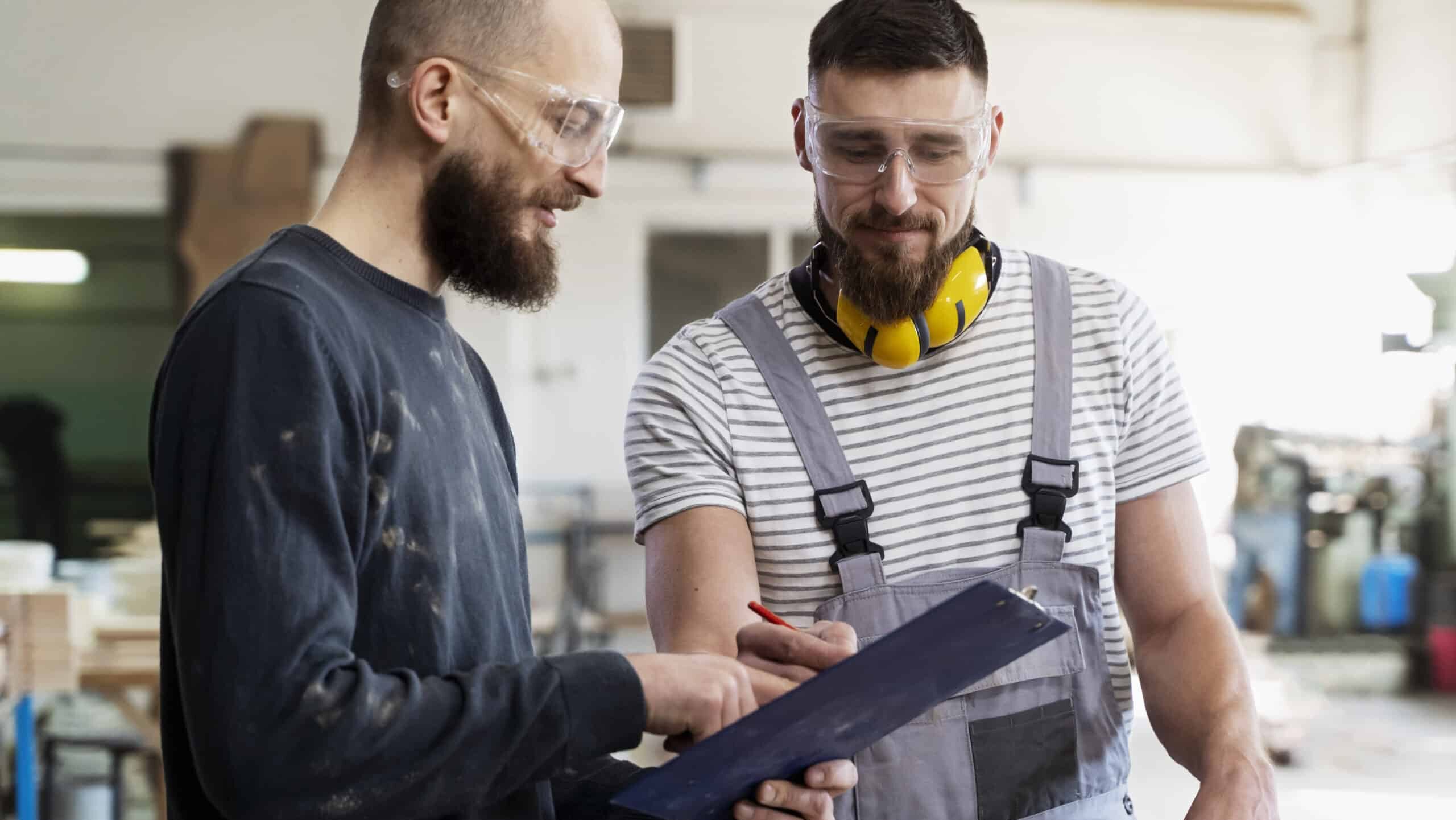 uomini che lavorano tagliando pannelli in mdf