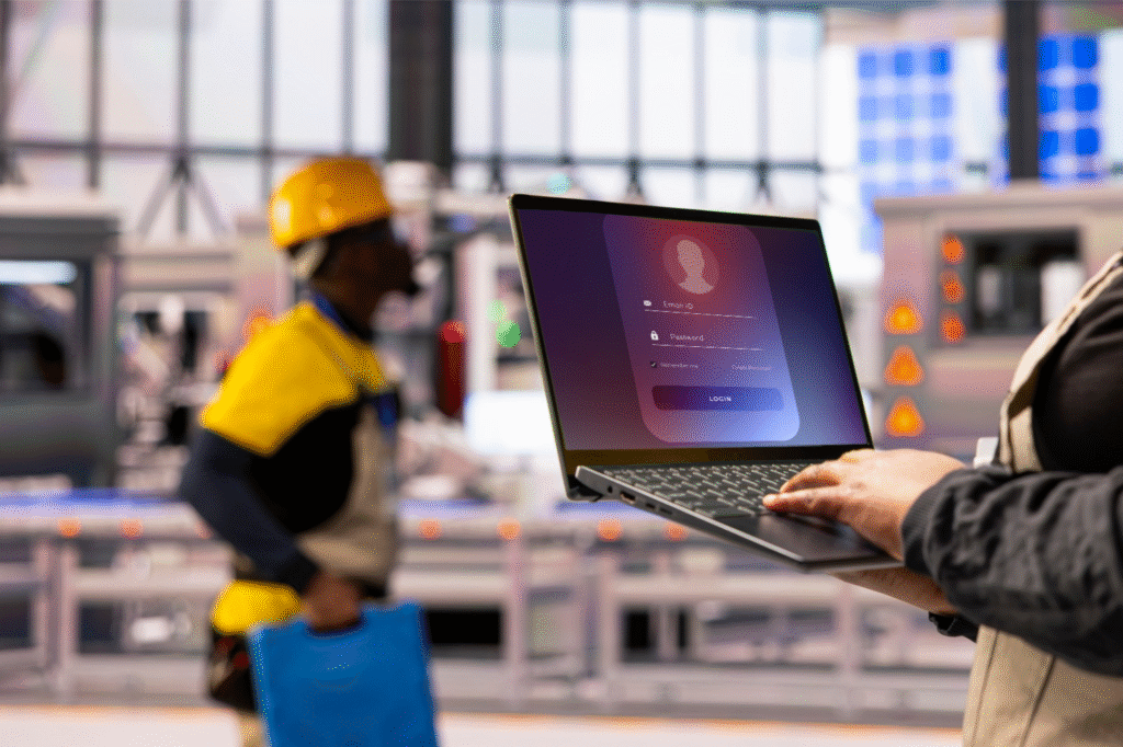 Operaio di fabbrica che accede ai sistemi informatici tramite login
