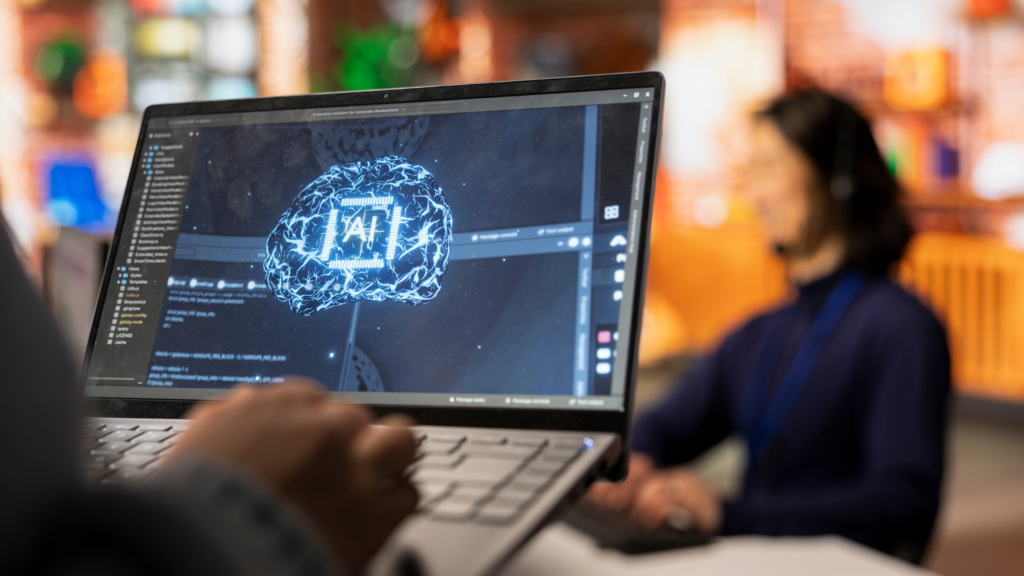 call-center-worker-using-ai-tech-laptop-reply-customers-closeup