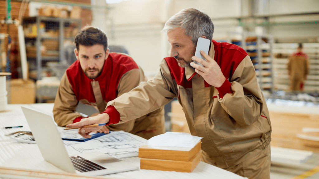 carpenter-talking-phone-while-using-computer-workshop-scaled